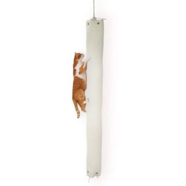 A beige cat climbing bag with a strong zipper, mounted to a white wall, with a cat hanging and playing on it.