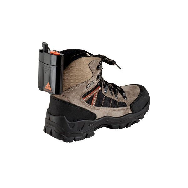 A pair of heated boots with a battery pack attached, designed for keeping feet warm.