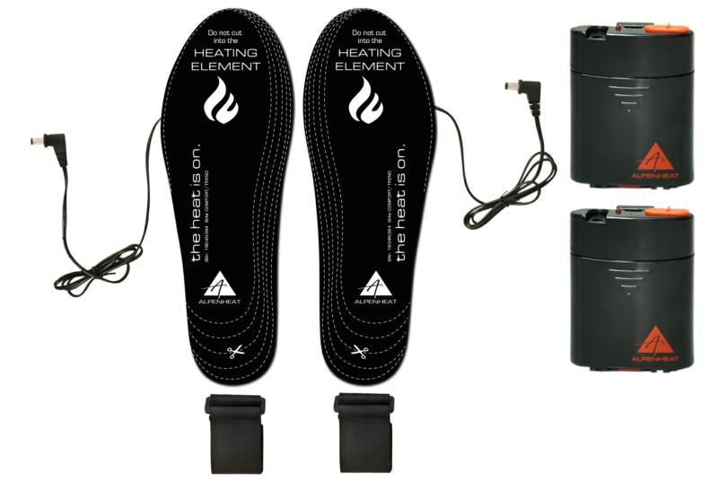 A pair of heated boots with a battery pack attached, designed for keeping feet warm.