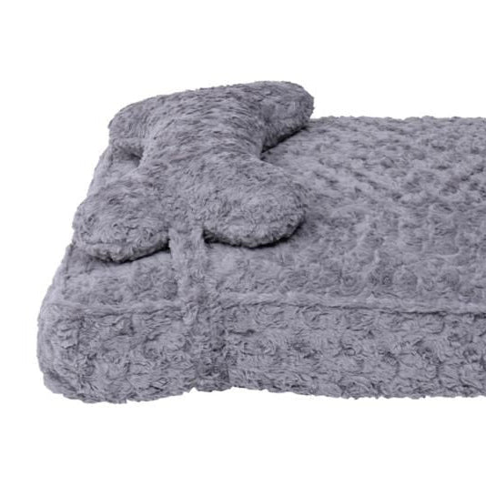 A grey, bone-shaped pillow designed for dogs, part of the Quapas! dog bed range.