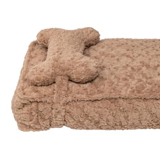 A beige brown bone-shaped pillow designed for use as a dog bed.