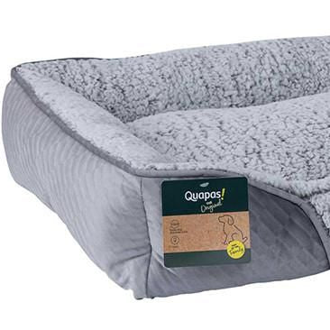 Gray pet bed with a brand label on a white background