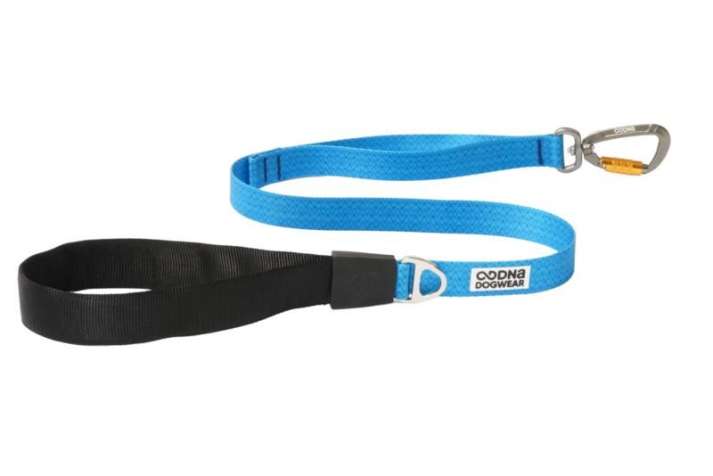 Blue and black dog leashes with a brand logo on a white background
