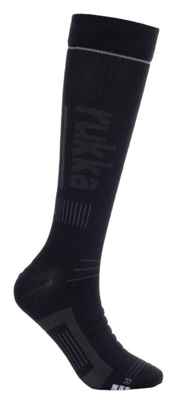 A pair of black Rukka unisex compression socks designed for outdoor activities, featuring a visible brand logo.